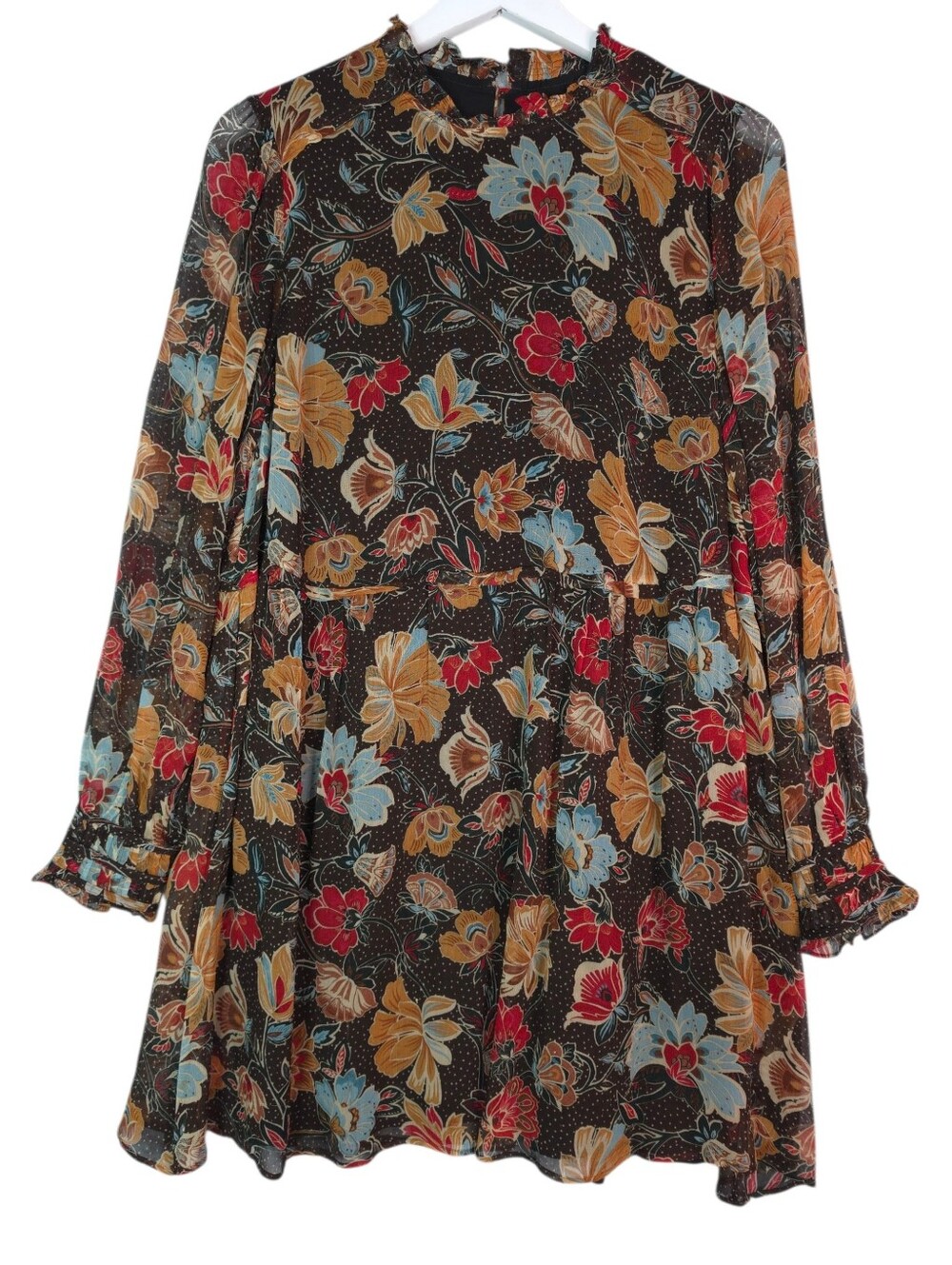 Sezane Black Floral Long-Sleeve Dress with Red and Yellow Blooms - Picture 3 of 13